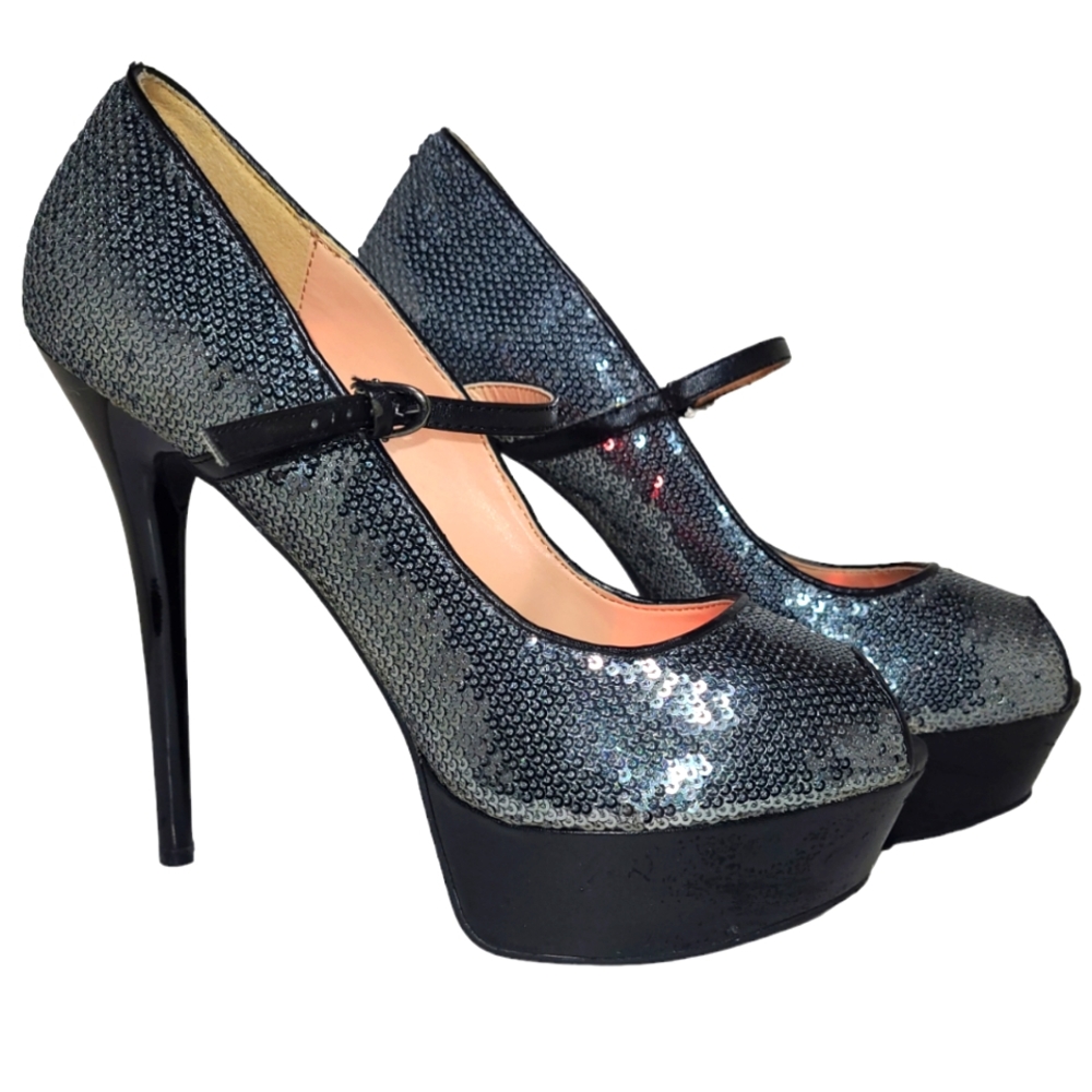 Fredericks of Hollywood Silver Sequin Pleaser Pump Heels Size 8.5